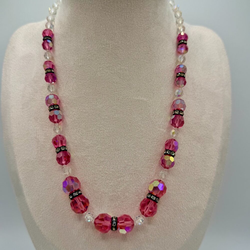 Stunning VTG Sterling Silver Clasp Pink & Clear Crystal Beaded Necklace
